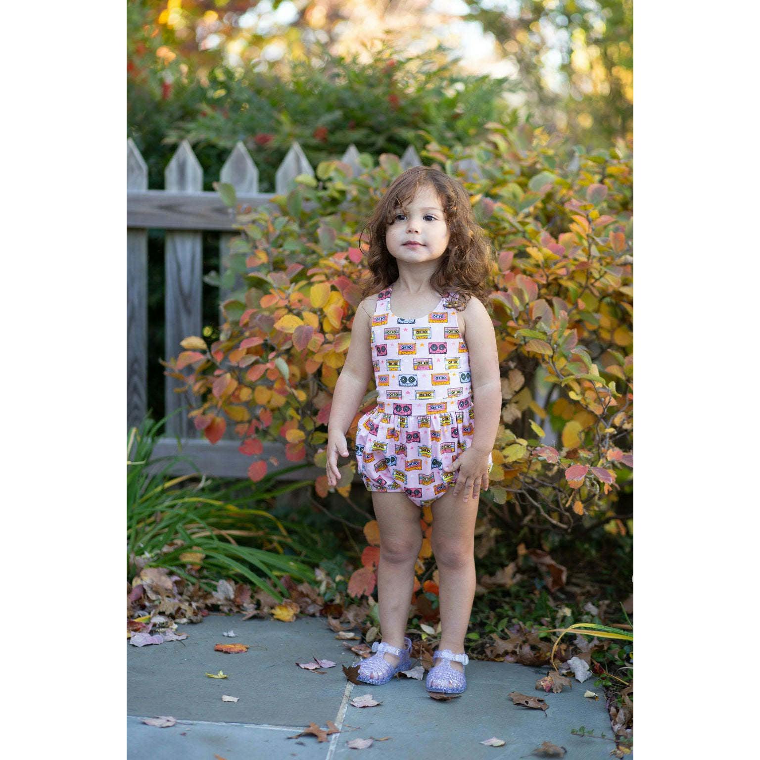 Cross Back Bubble Romper in Cassettes/Stars