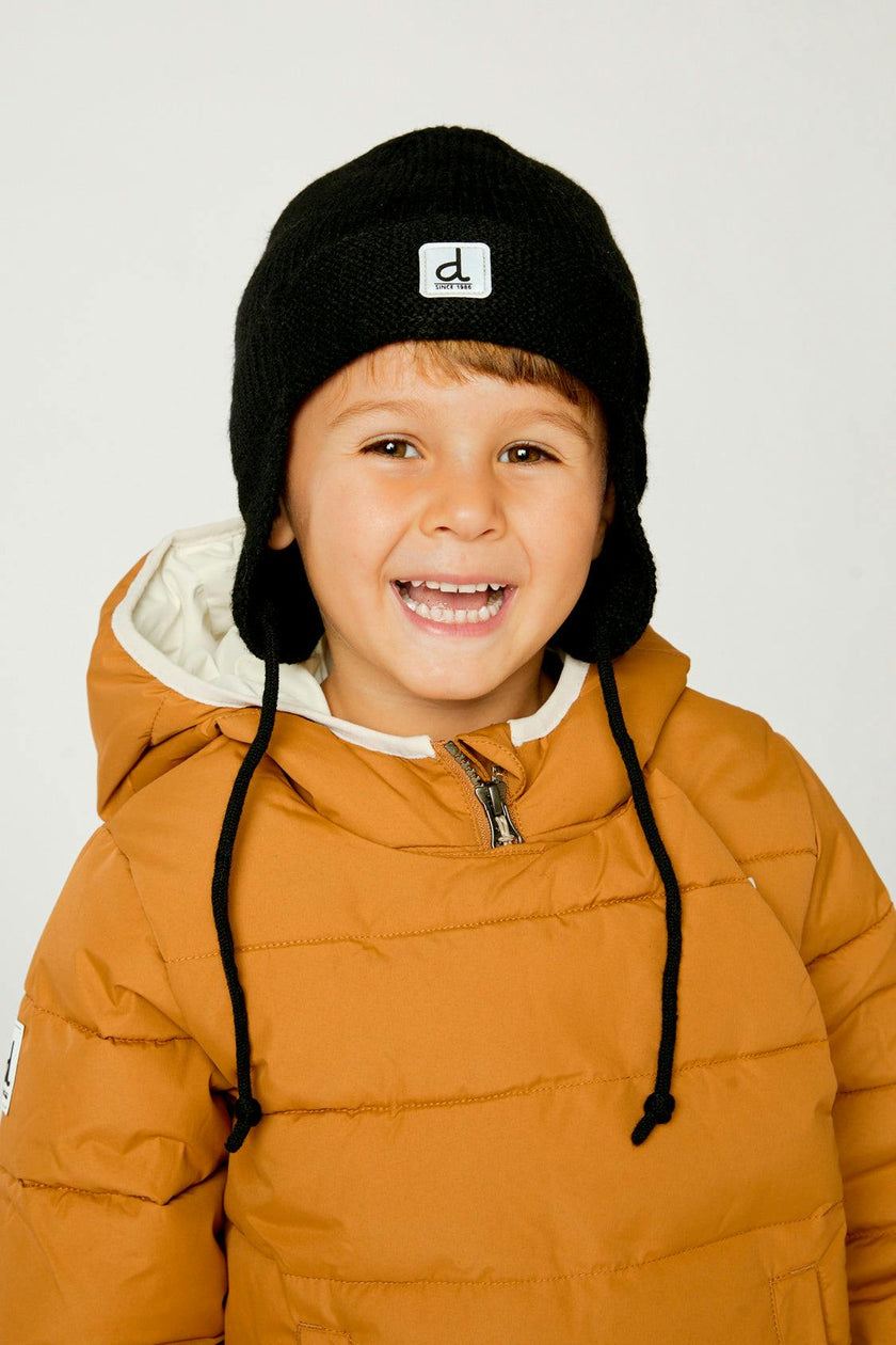 Baby Winter Knit Hat With Ear Flaps And Strings Noir