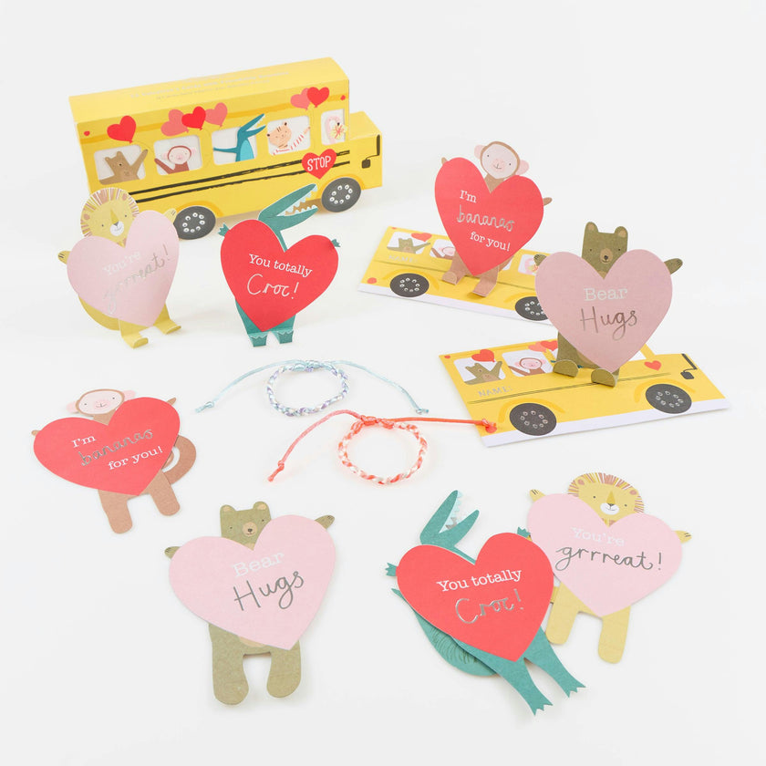 School Bus Valentine's Cards & Bracelets Set