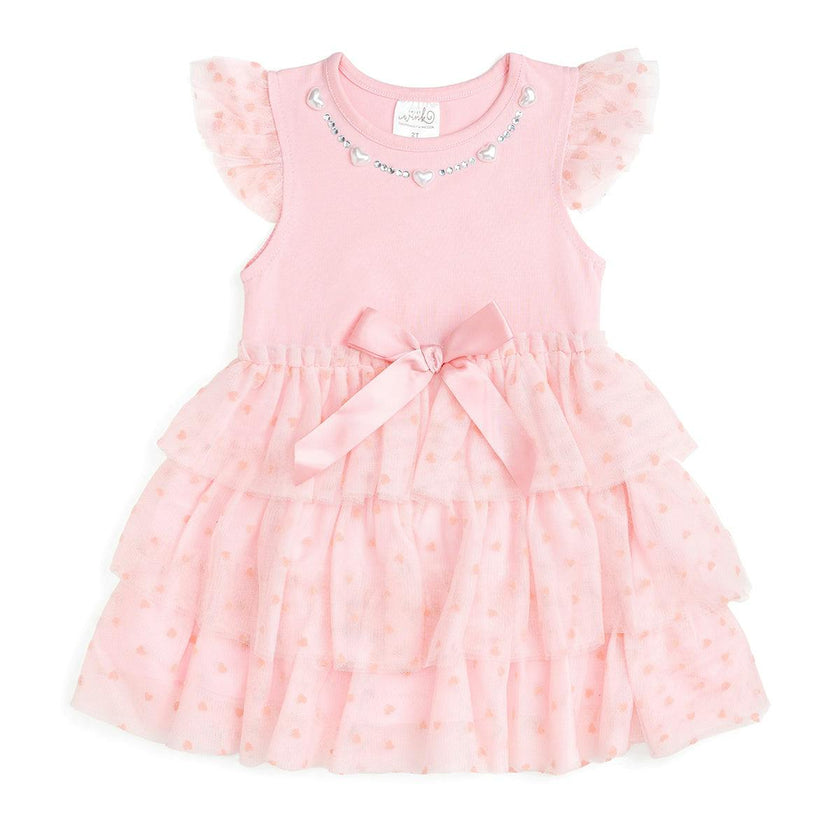 Flocked Heart Tiered Short Sleeve Tutu Dress