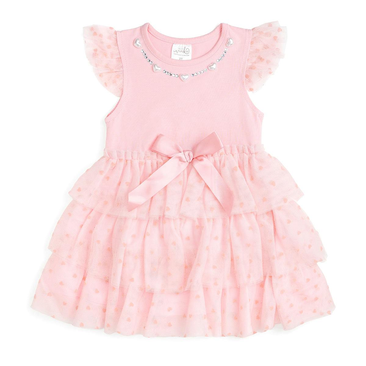 Flocked Heart Tiered Short Sleeve Tutu Dress