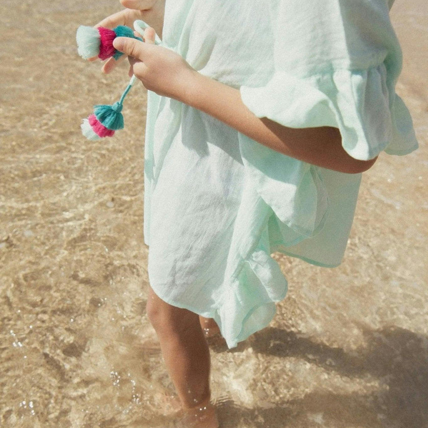 Girl's kaftan with pompoms, aqua | LEA