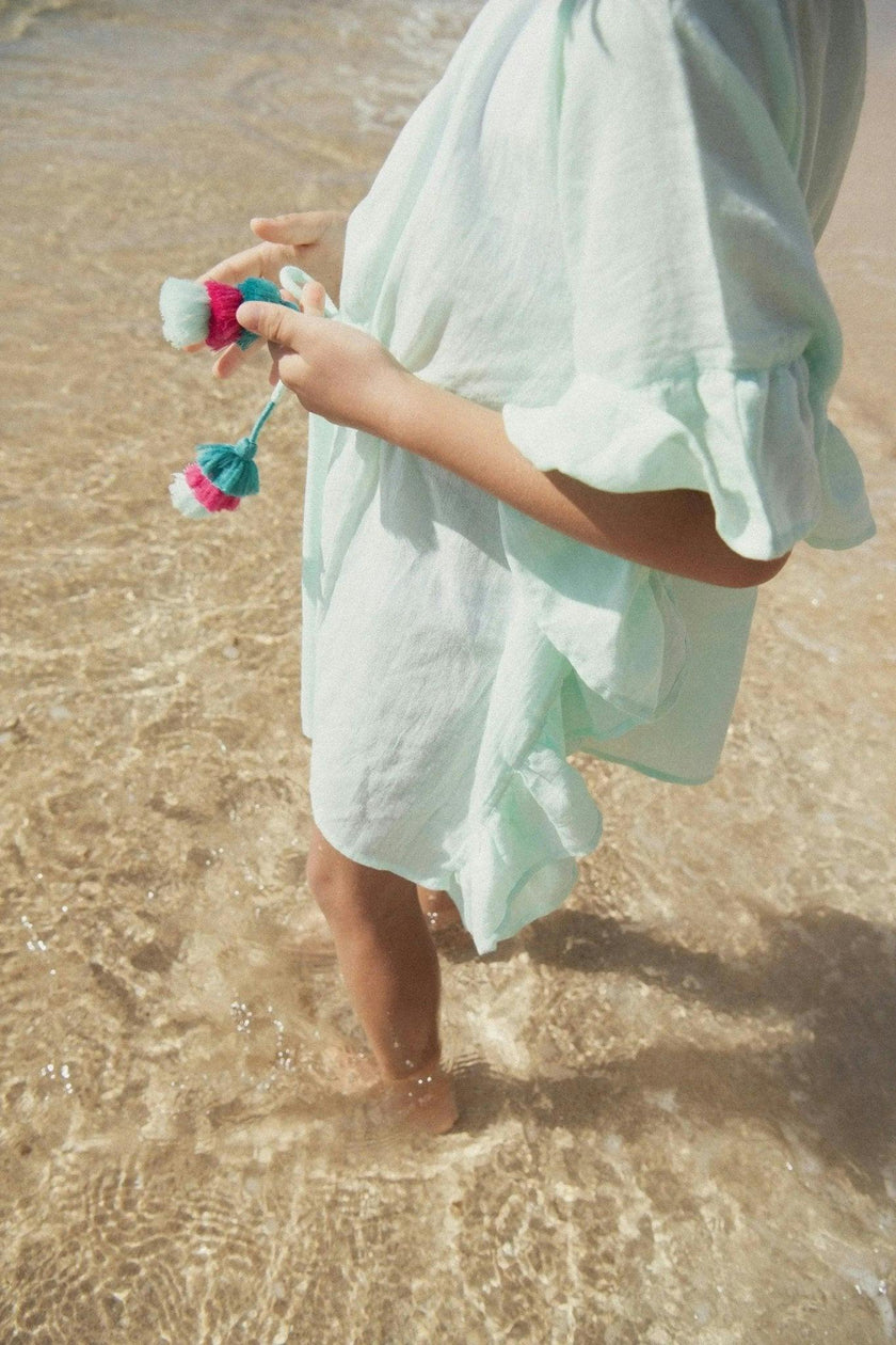 Girl's kaftan with pompoms, aqua | LEA