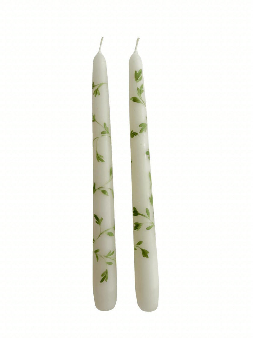 Pair of Hand-Painted Taper Candles in Green