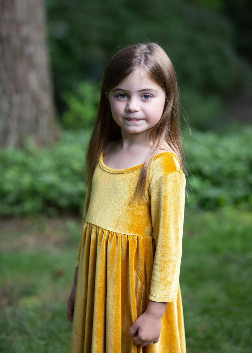 Twirly Dress in Mustard Stretch Velvet FW26