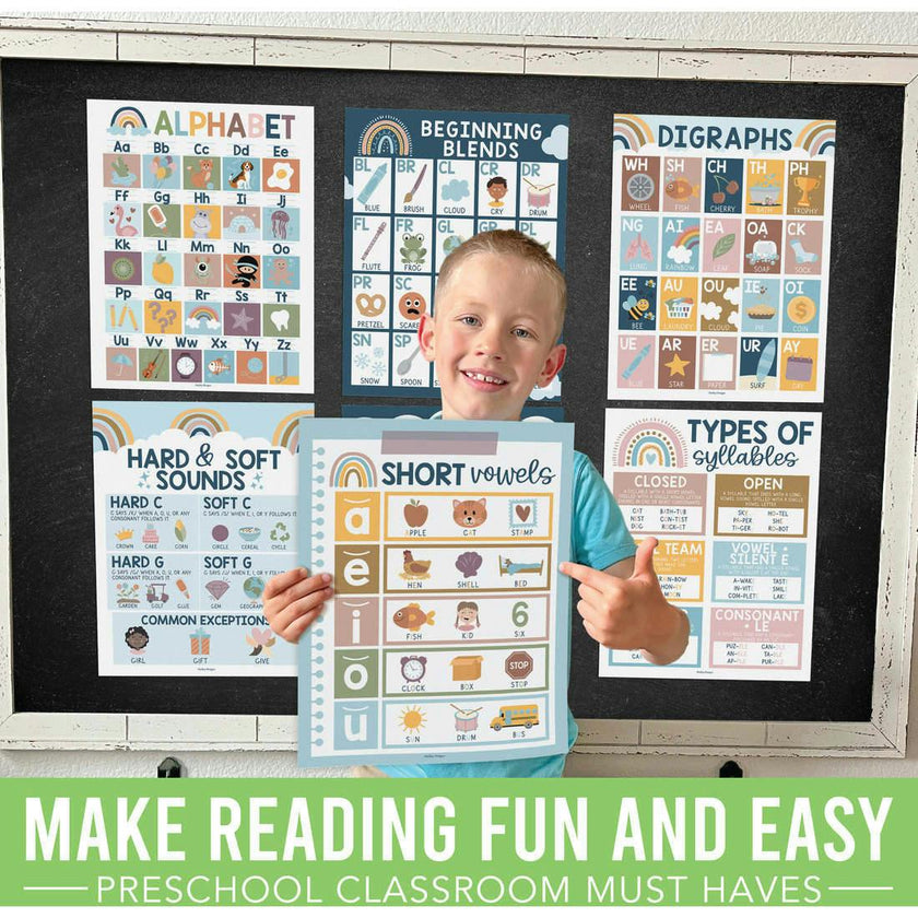 16-Piece Boho Rainbow Prek & Kindergarten Posters & 9-Piece Phonics & Vowels Posters