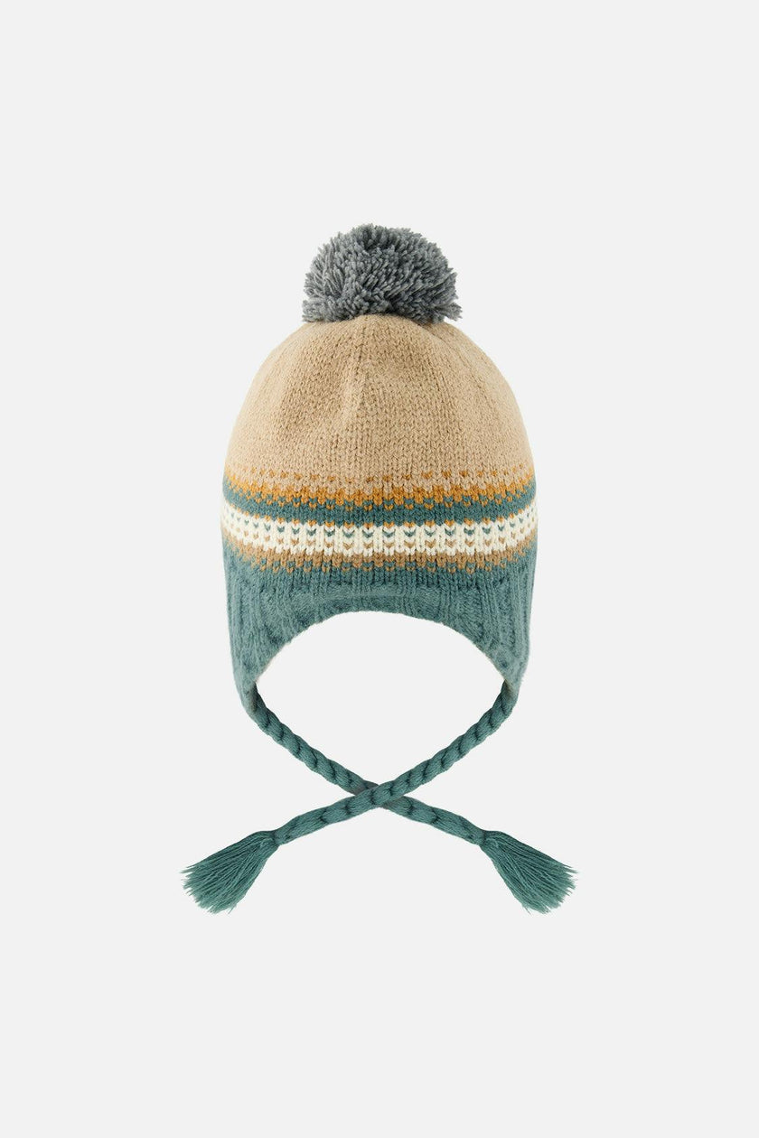 Baby Winter Peruvian Knit Hat with Pompom Beige and Green Jacquard