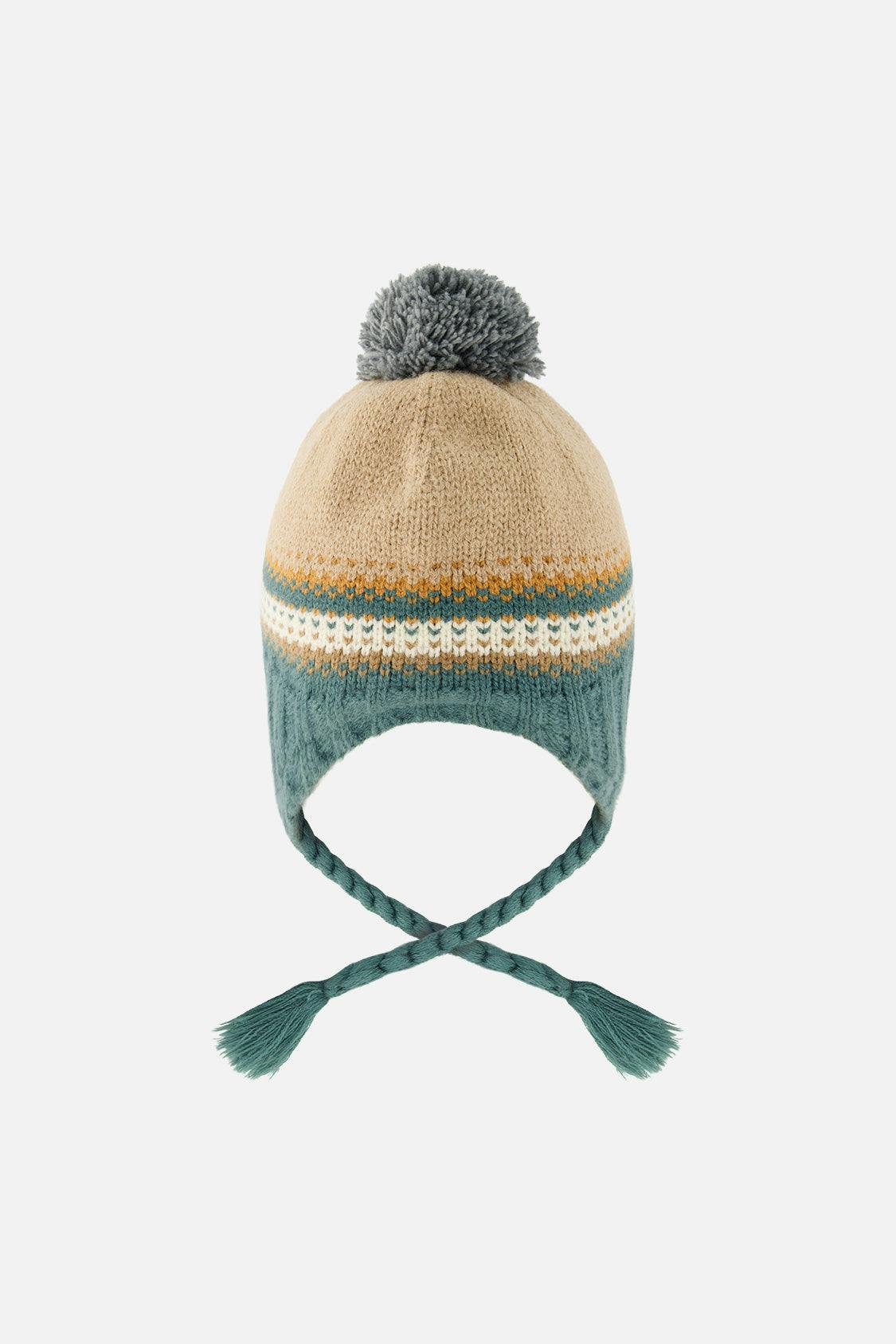Baby Winter Peruvian Knit Hat with Pompom Beige and Green Jacquard