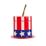 Packed Party Hats Off to the USA Patriotic Uncle Sam Top Hat Sippers - 14 oz Novelty 4th of July Cups with Gold Plastic Straws and Leak-Proof Lids
