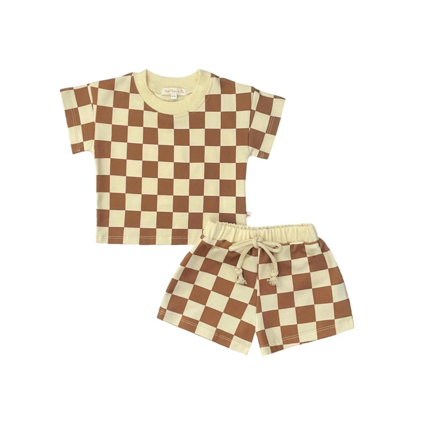 Brown Checkered Soft Touch 2pc T-Shirt & Short Set
