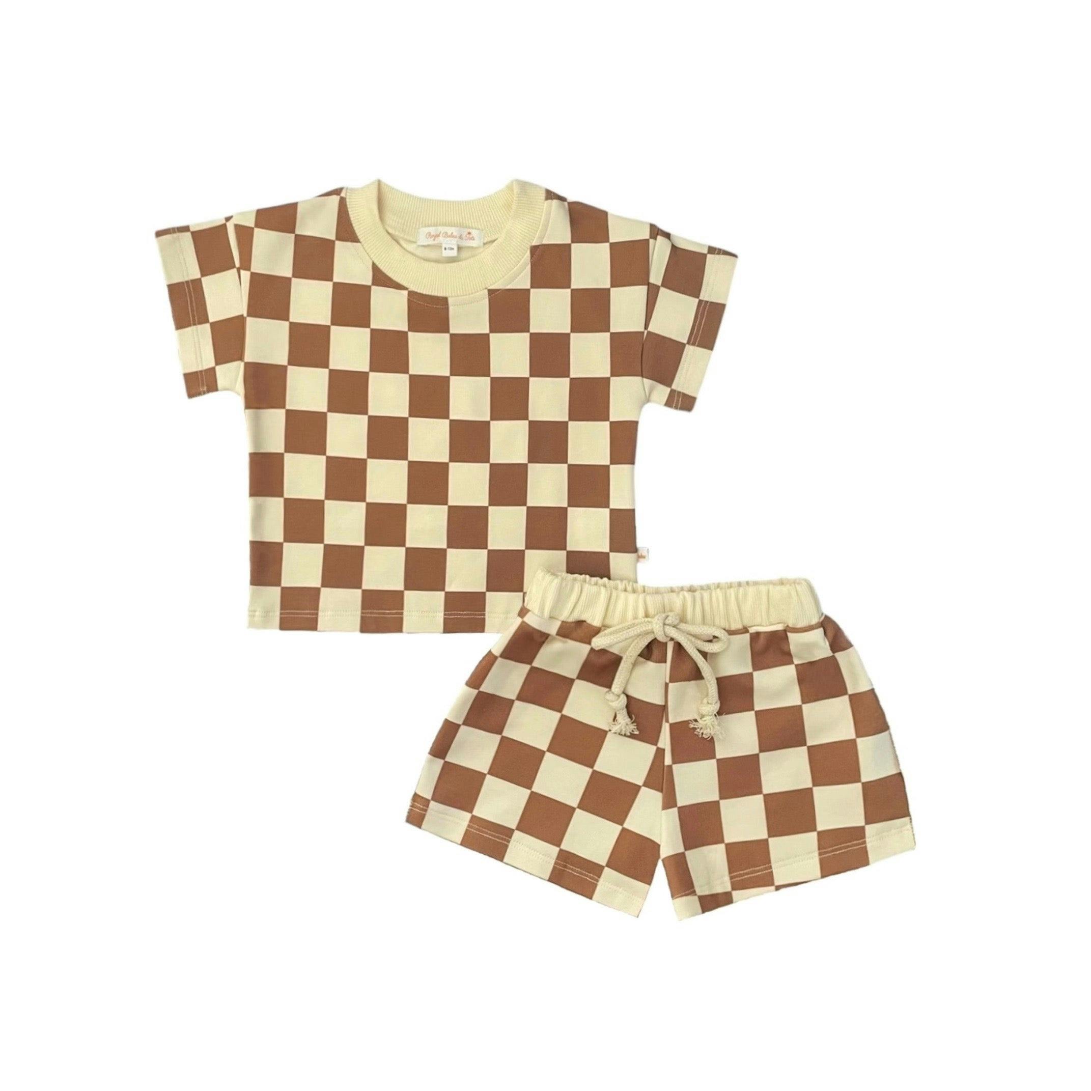 Brown Checkered Soft Touch 2pc T-Shirt & Short Set