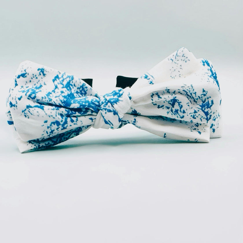 Three Little Bows Headband- Blue Toile