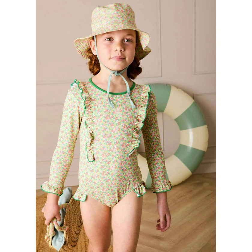 Annie Apple Print Ruffle Detail Long Sleeve Swimsuit in Green (12mths- 10yrs)