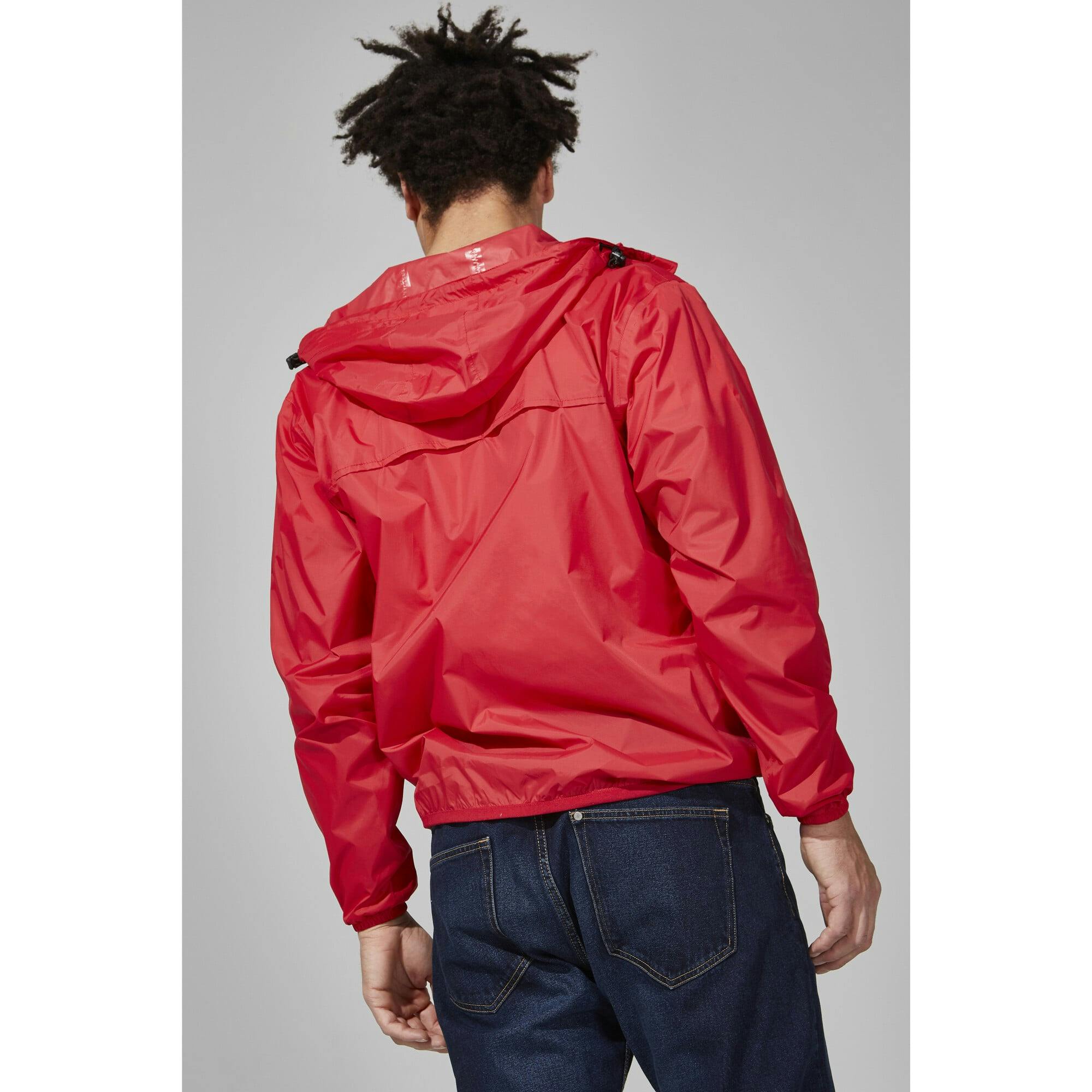 Navy full zip packable rain jacket and windbreaker
