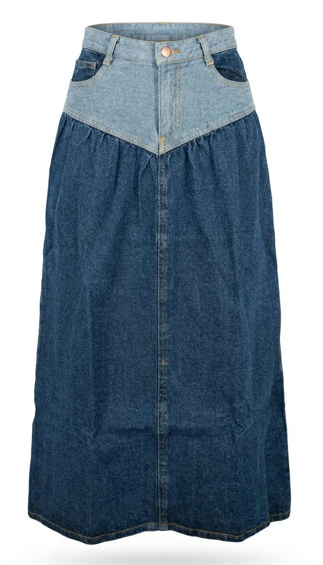 Two-Tone Denim Midi Skirt