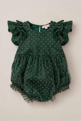 Baby Hattie Romper in Green Flocked Dot Tulle