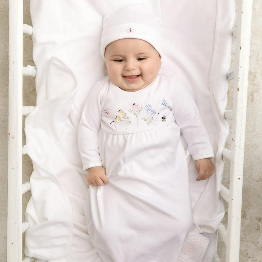 Garden Embroidered Cotton Gown w/Hat White