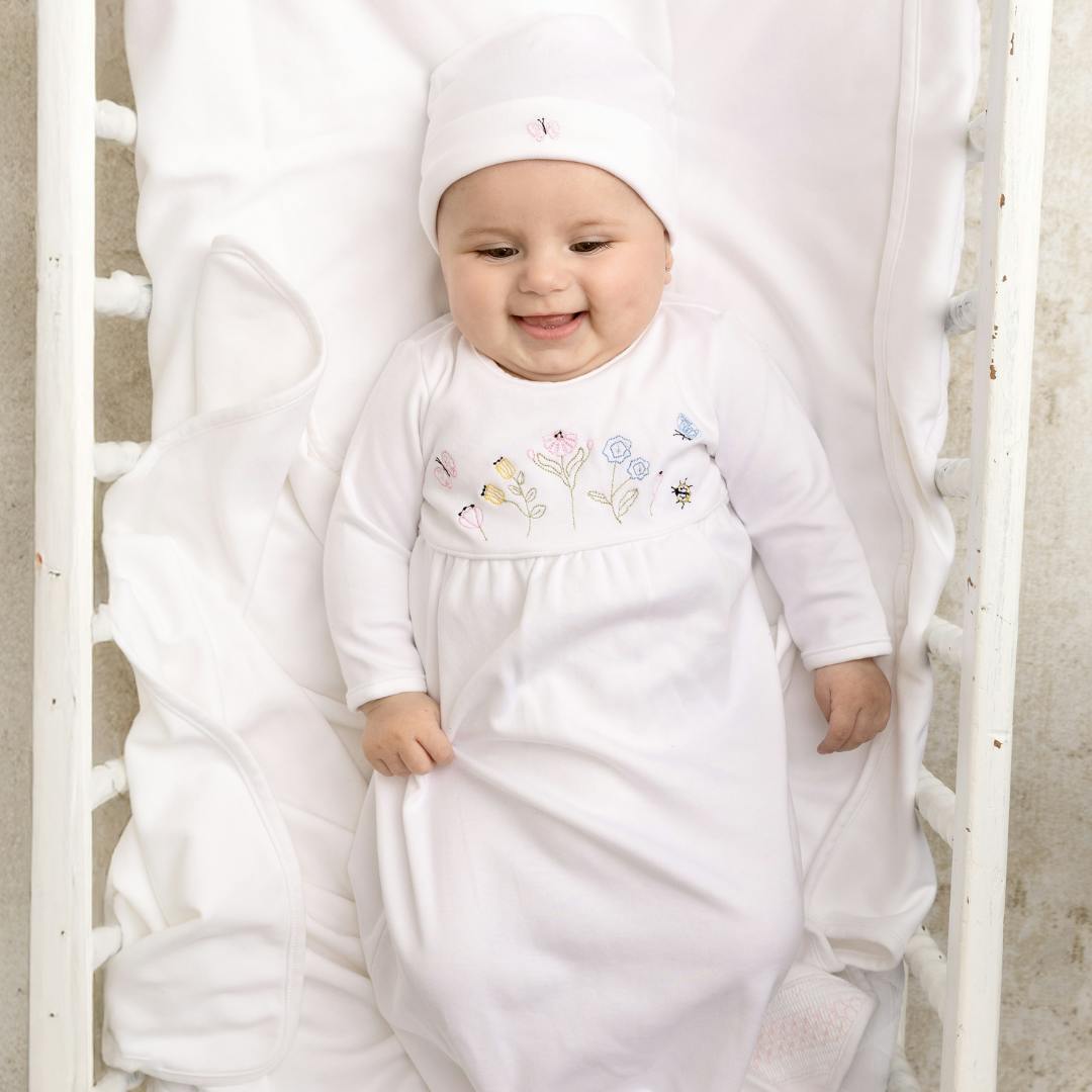 Garden Embroidered Cotton Gown w/Hat White