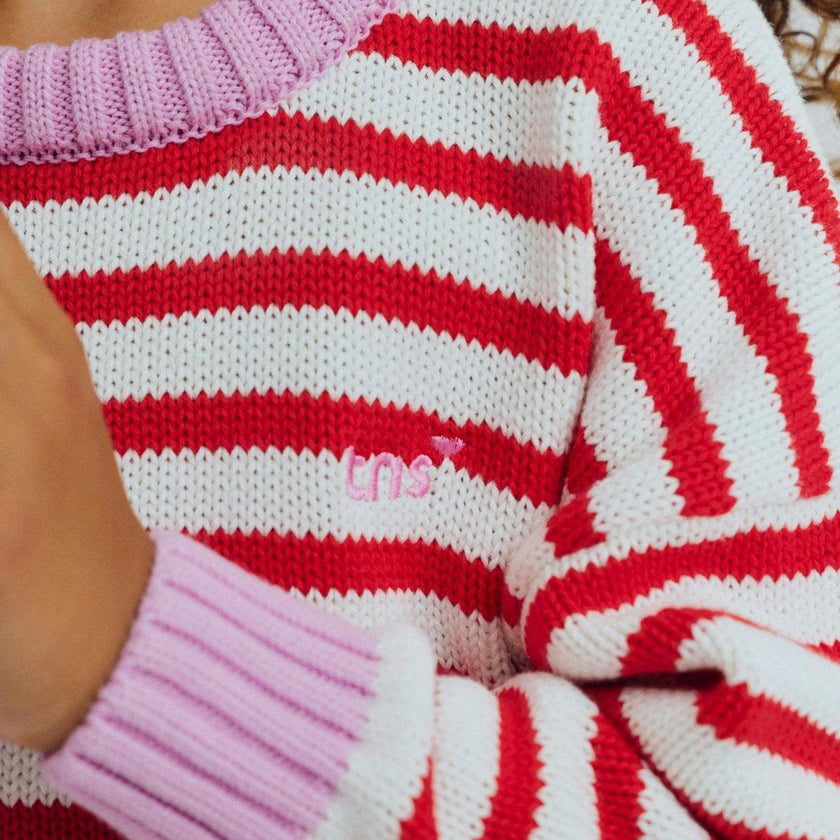 Marigold Jumper Tulip Red & Pink Lavander Stripes