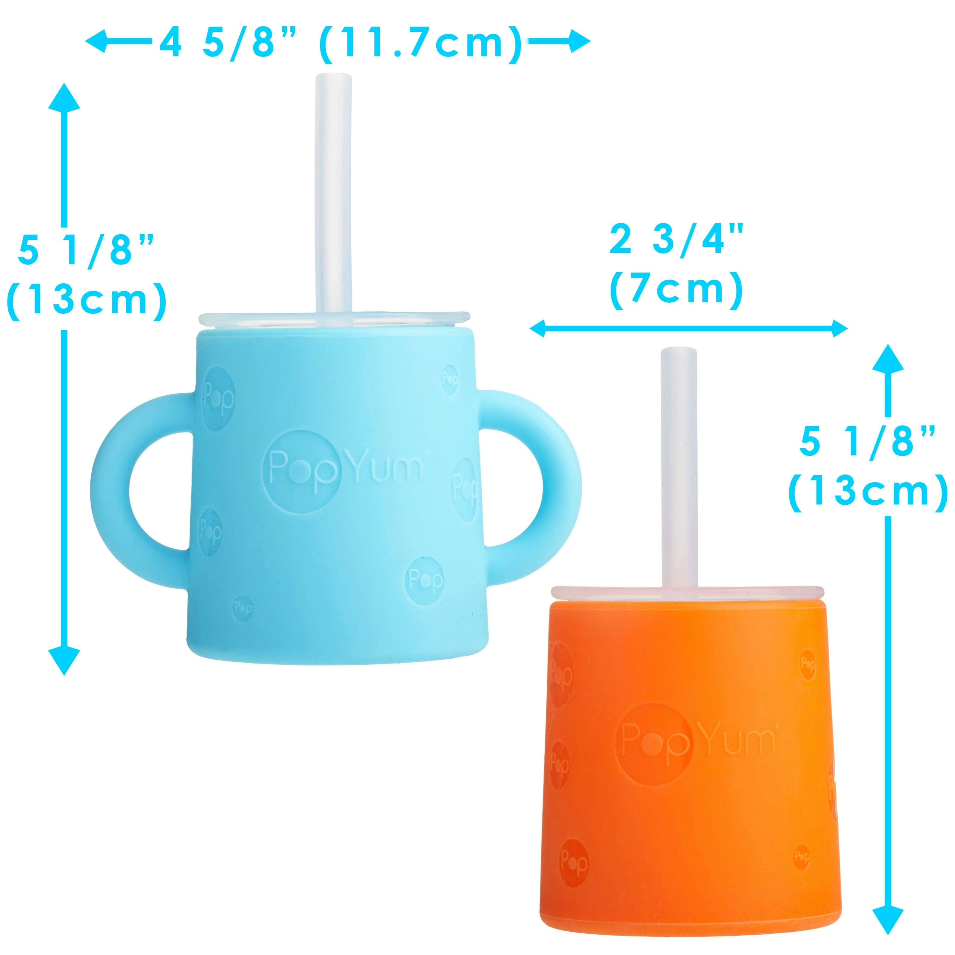 PopYum Silicone Training Cup with Straw + Lid 2-Pack for Baby, Infant and Toddler, Tumbler, Sippy, handles, 5 ounce (blue, orange)