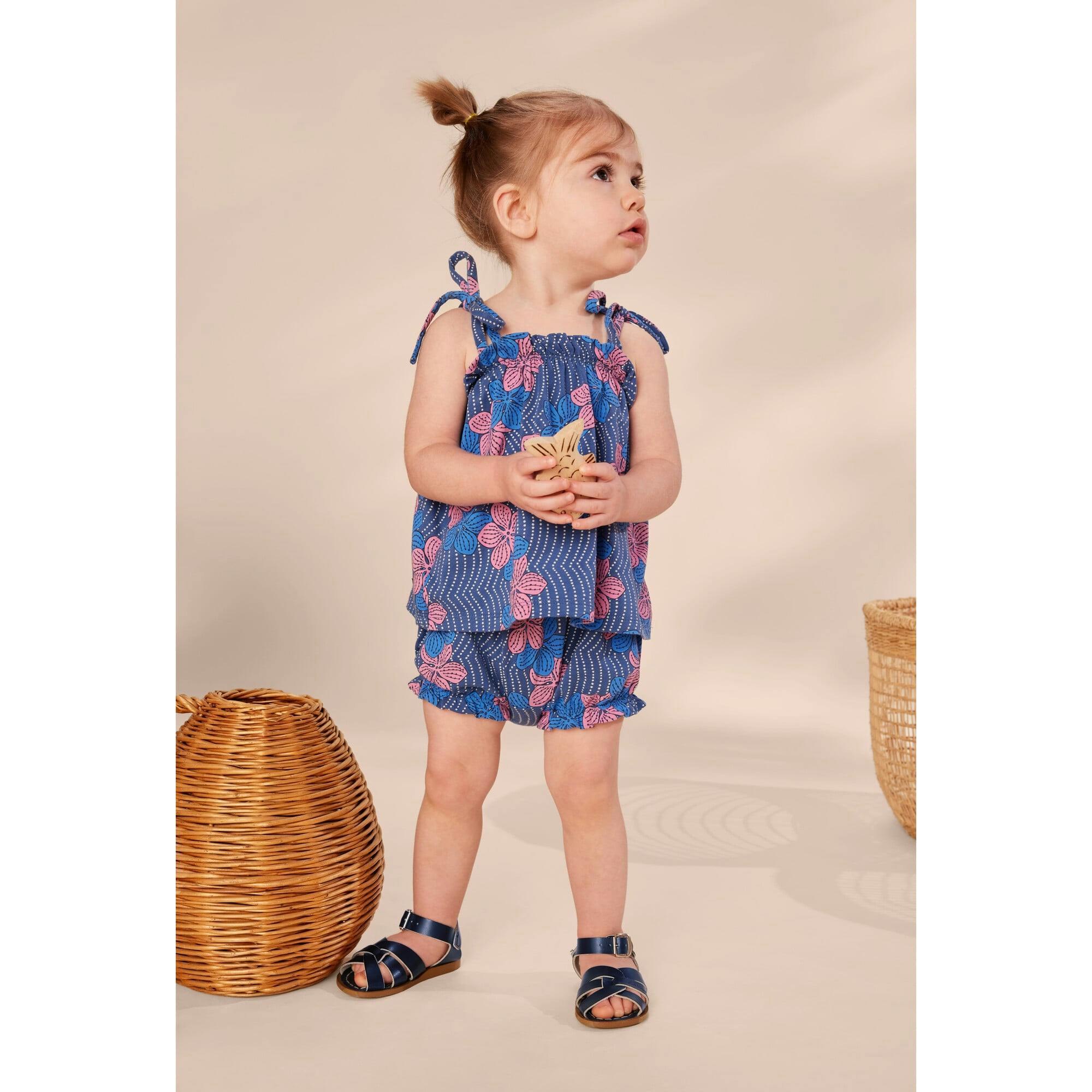Baby Tie Shoulder Smocked Chest & Hem Set, Blue