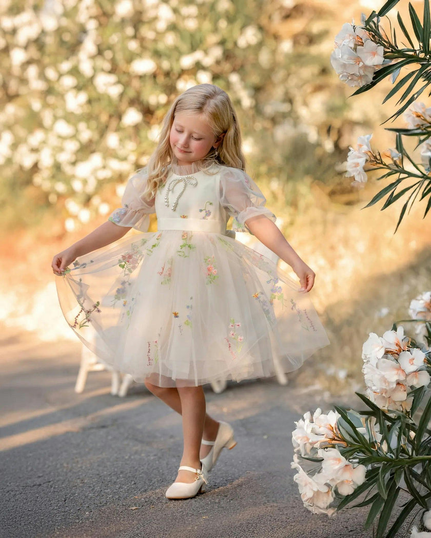 Enchanted Bloom Embroidered Ivory Flower Girl Dress for Girls