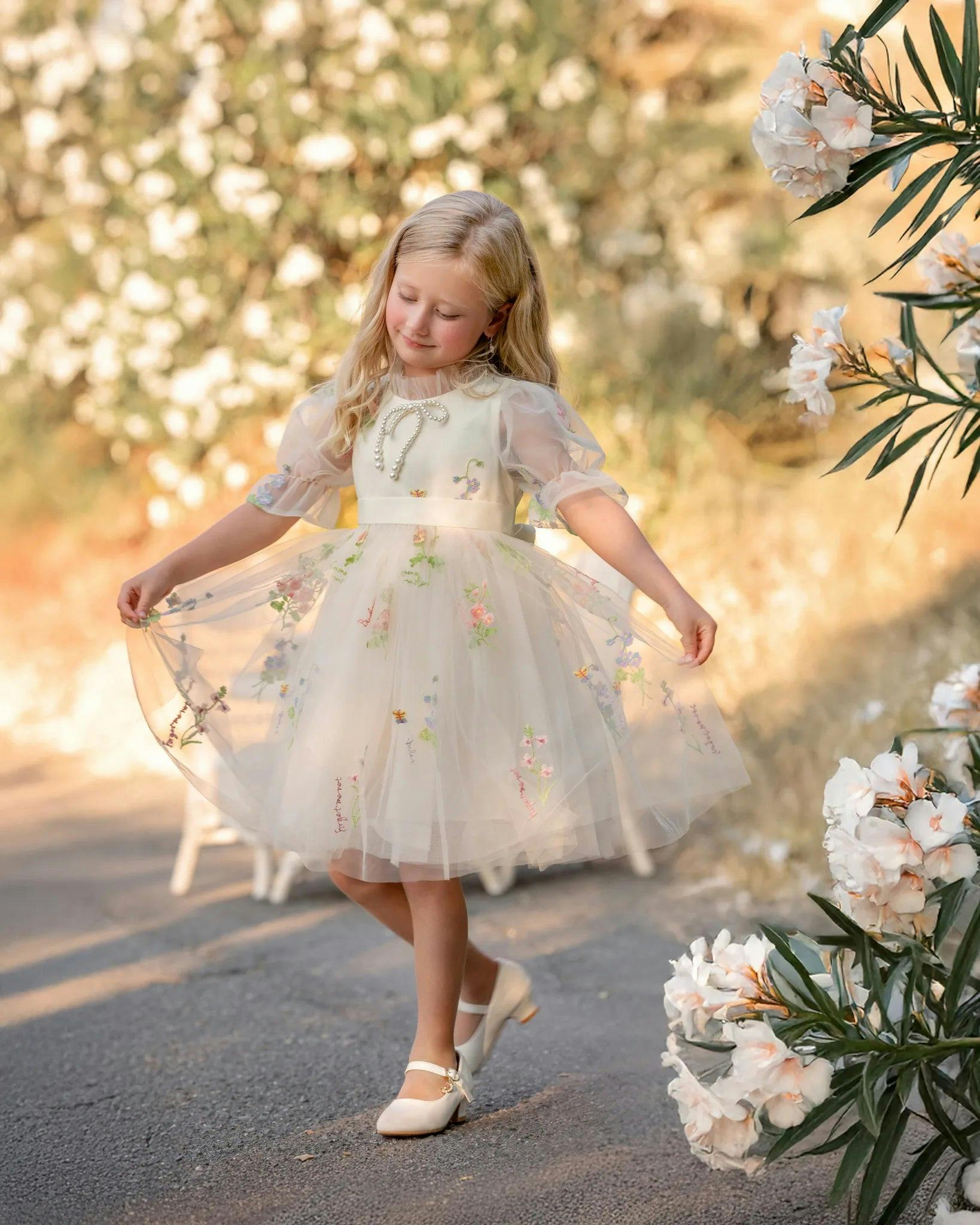 Enchanted Bloom Embroidered Ivory Flower Girl Dress for Girls