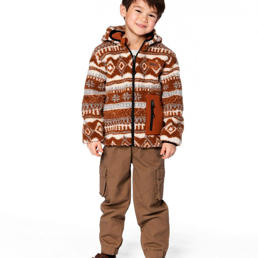 Reversible Mid-Season Sherpa Jacket Brown Aztec Pattern