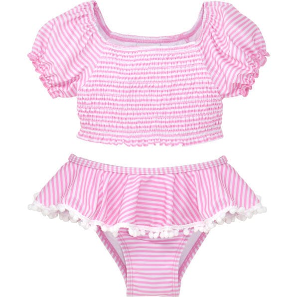 UPF 50+ Gemma Two-Piece Smocked Pom-Pom Swimsuit - Sweet Pink Stripe