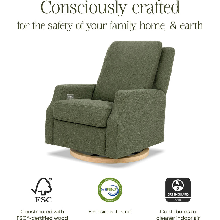 Crewe Electronic Recliner and Swivel Glider in Olive Boucle with Light Wood Base