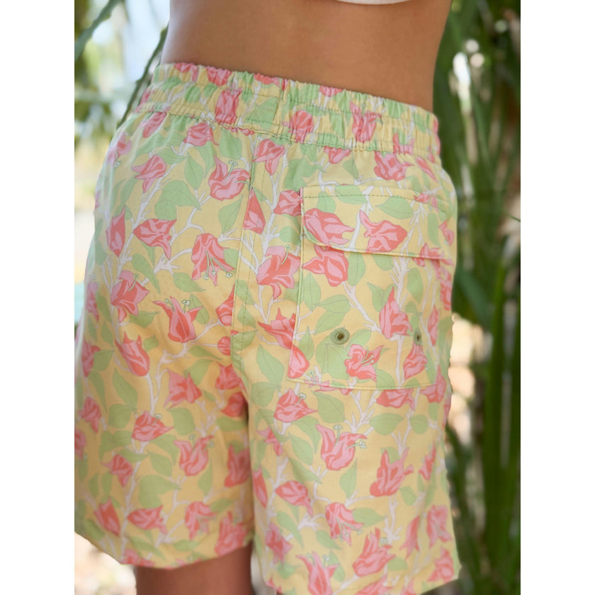 Shirley Swim Trunk in Yellow with Pink Bougainvillea