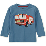 Firetruck Graphic Print Crew Neck Long Sleeve T-Shirt, Blue