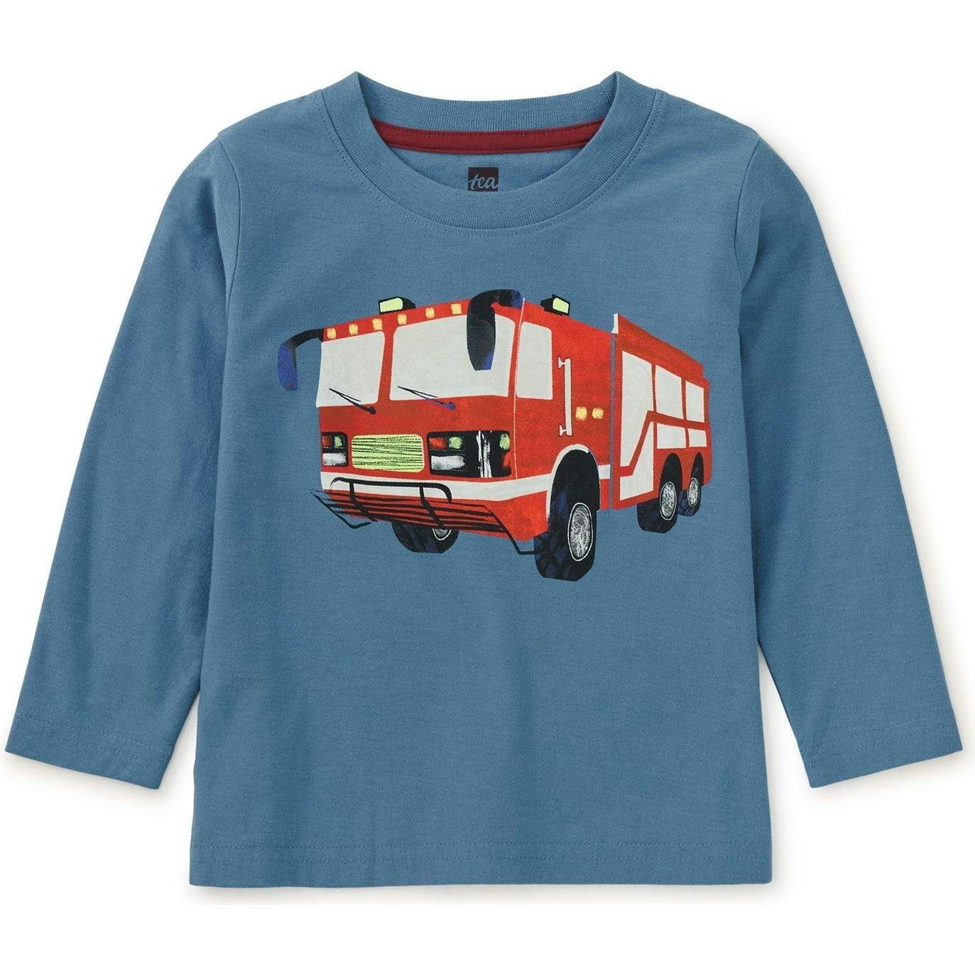 Firetruck Graphic Print Crew Neck Long Sleeve T-Shirt, Blue