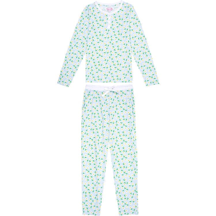 Women's Daisy Jersey Long PJ Set - Blue Organic Stretch Cotton