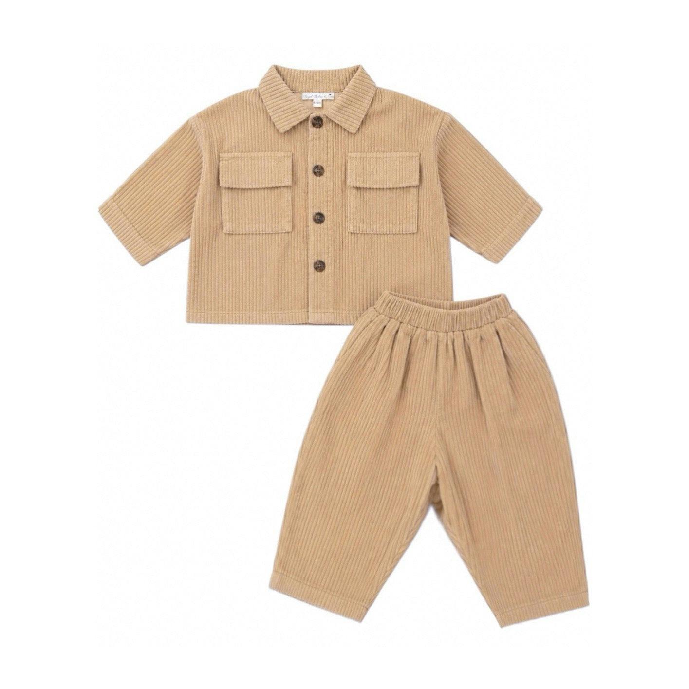 Beige Oversized Corduroy Pocket Collared Shirt & Pant Set