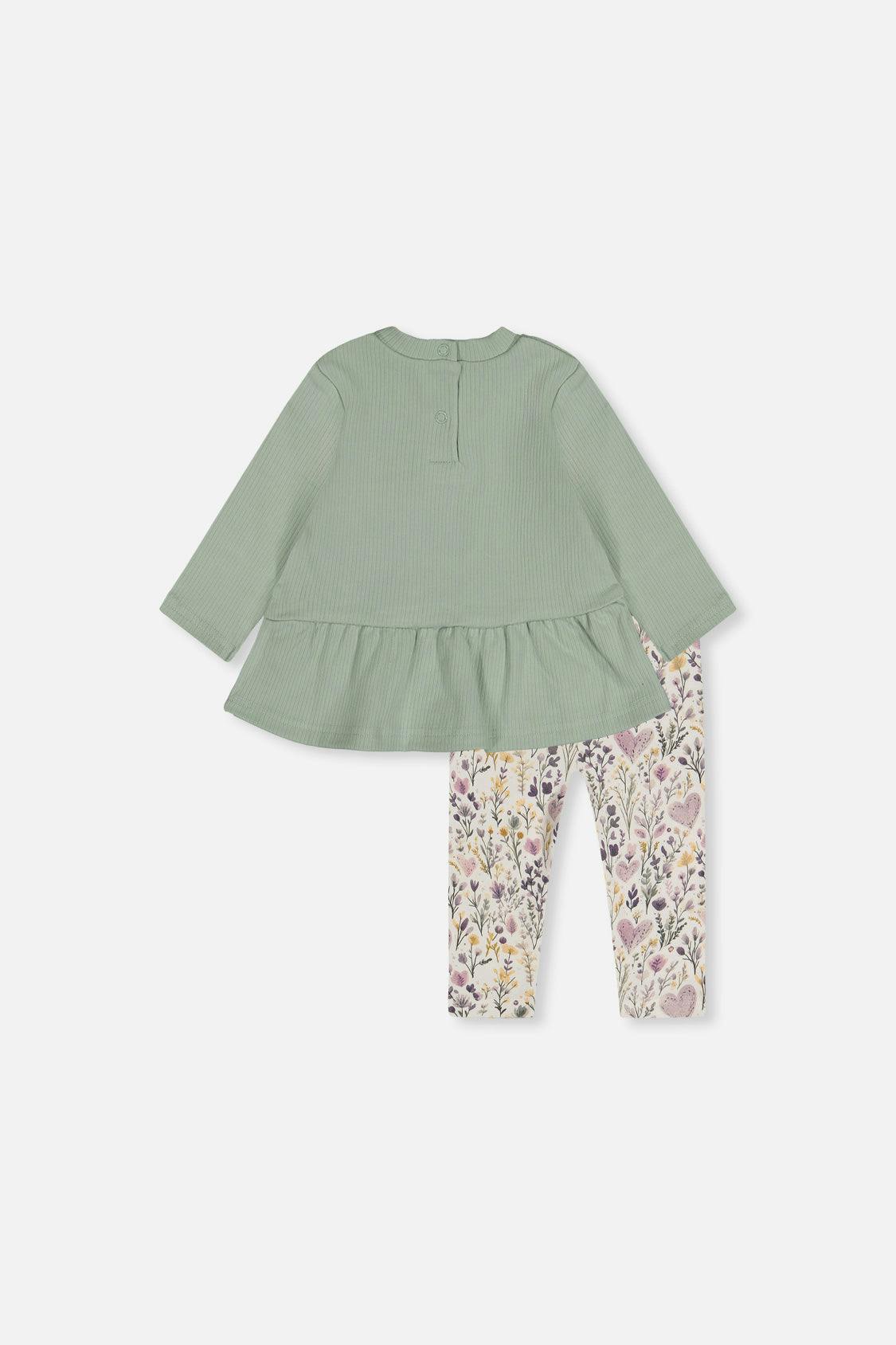 Organic Cotton Peplum Tunic And Legging Set Green And Beige Heart Print