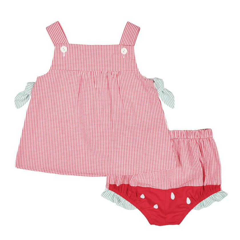 Check Seersucker Dress & Bloomer With Watermelon
