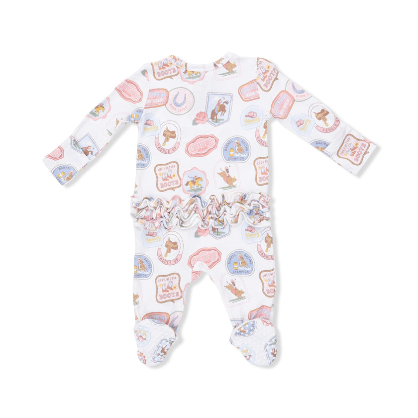 Rodeo Patches Pink - 2 Way Ruffle Back Zipper Footie