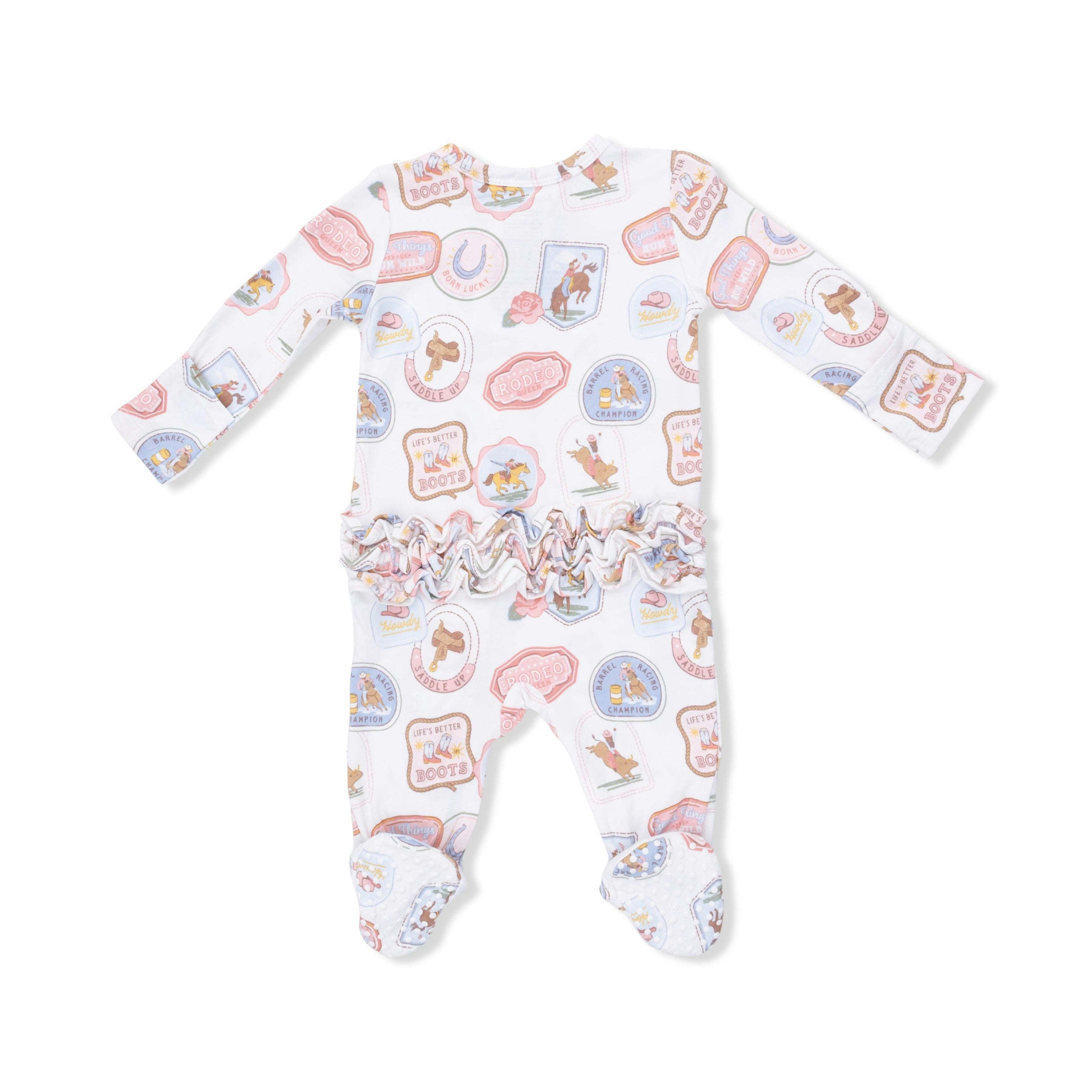 Rodeo Patches Pink - 2 Way Ruffle Back Zipper Footie