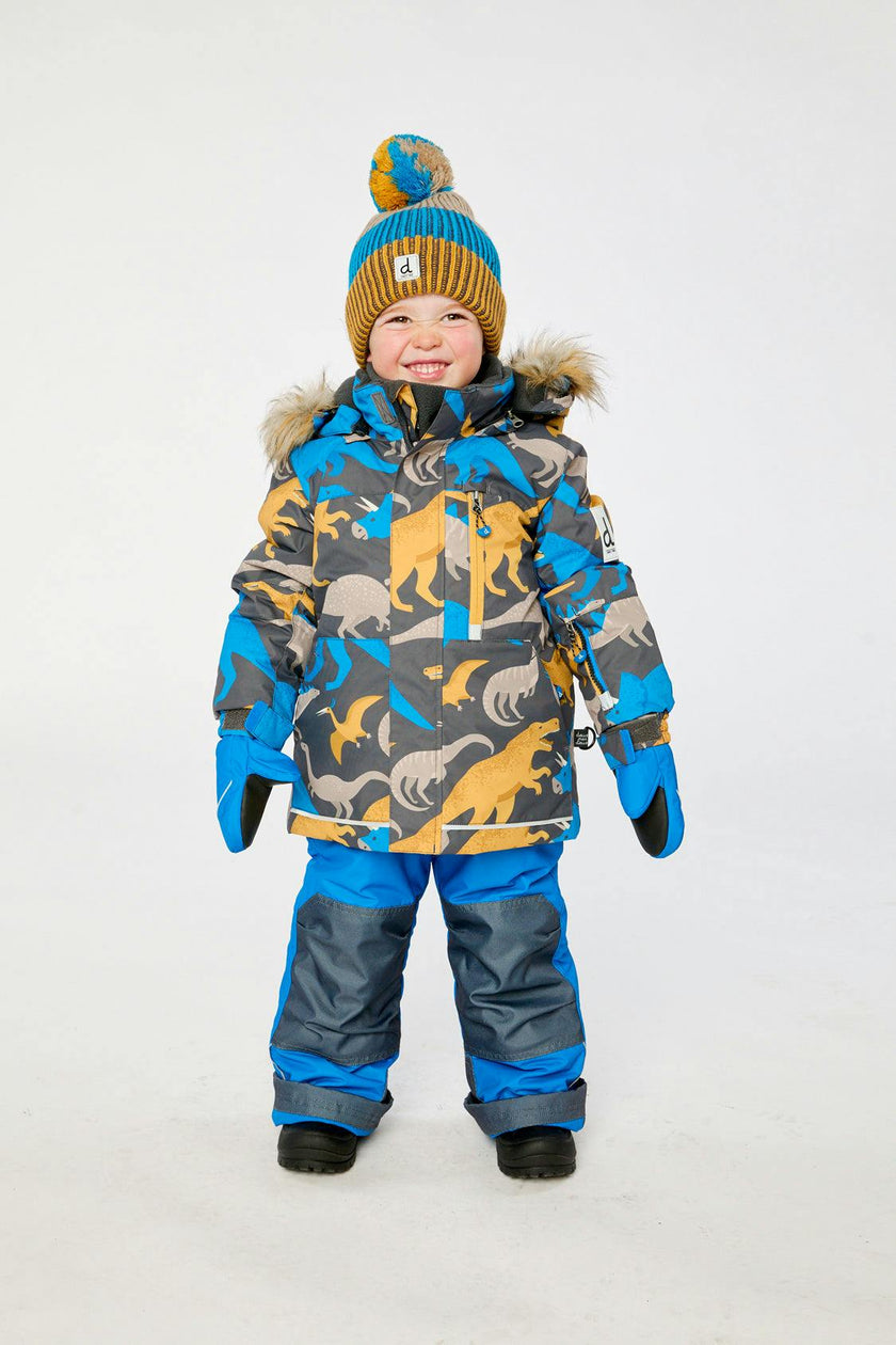 Two Piece Play Snowsuit Grey and Blue Dinosaur Print with Blue Pants