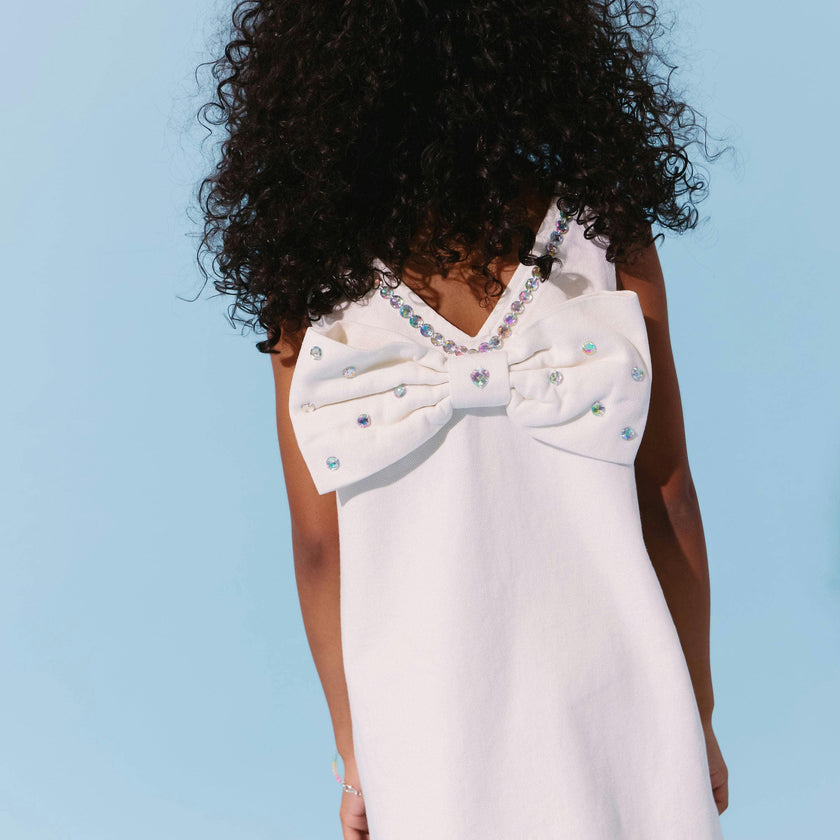 White Crystal Heart Denim Bow Dress
