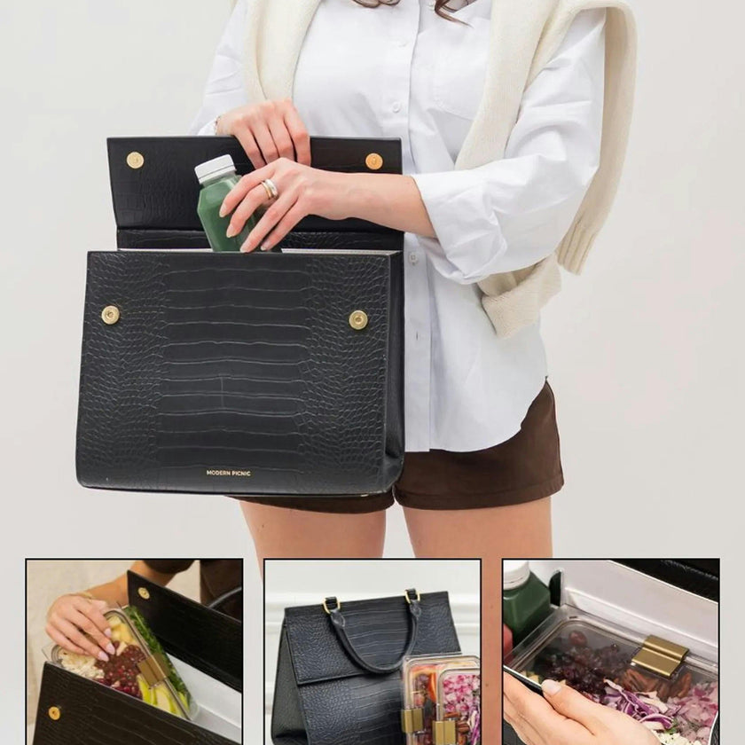 Large, Insulated, Chic Lunchbox, Black Croc