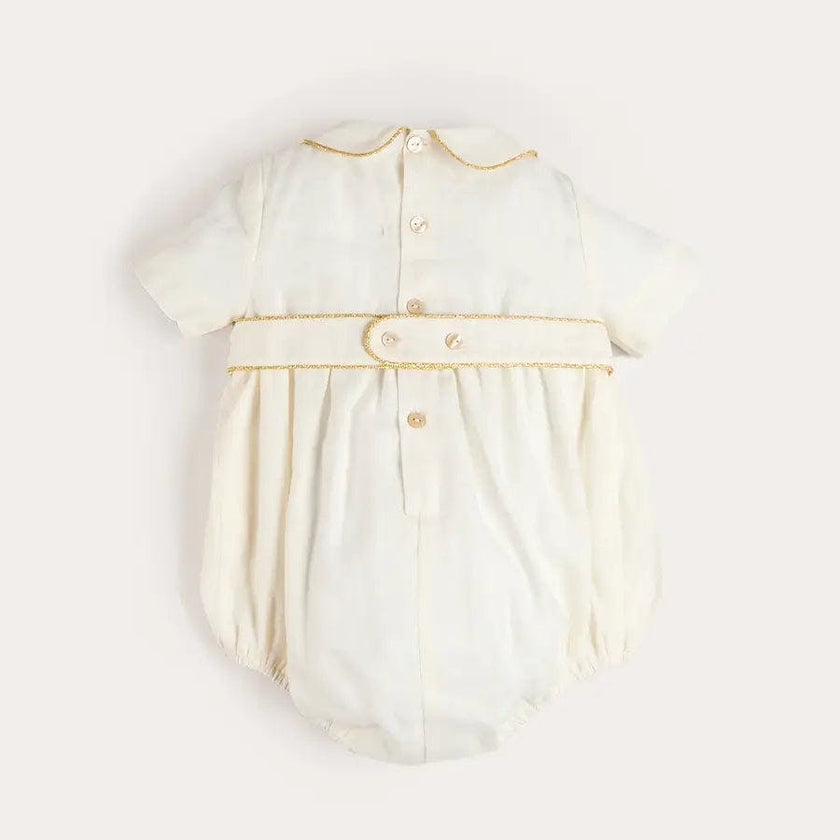 Hand Smocked Gold Embroidered Short Sleeve Romper in Ivory (3mths-2yrs)