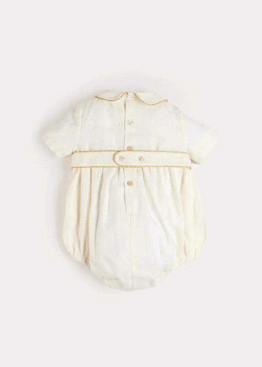 Hand Smocked Gold Embroidered Short Sleeve Romper in Ivory (3mths-2yrs)