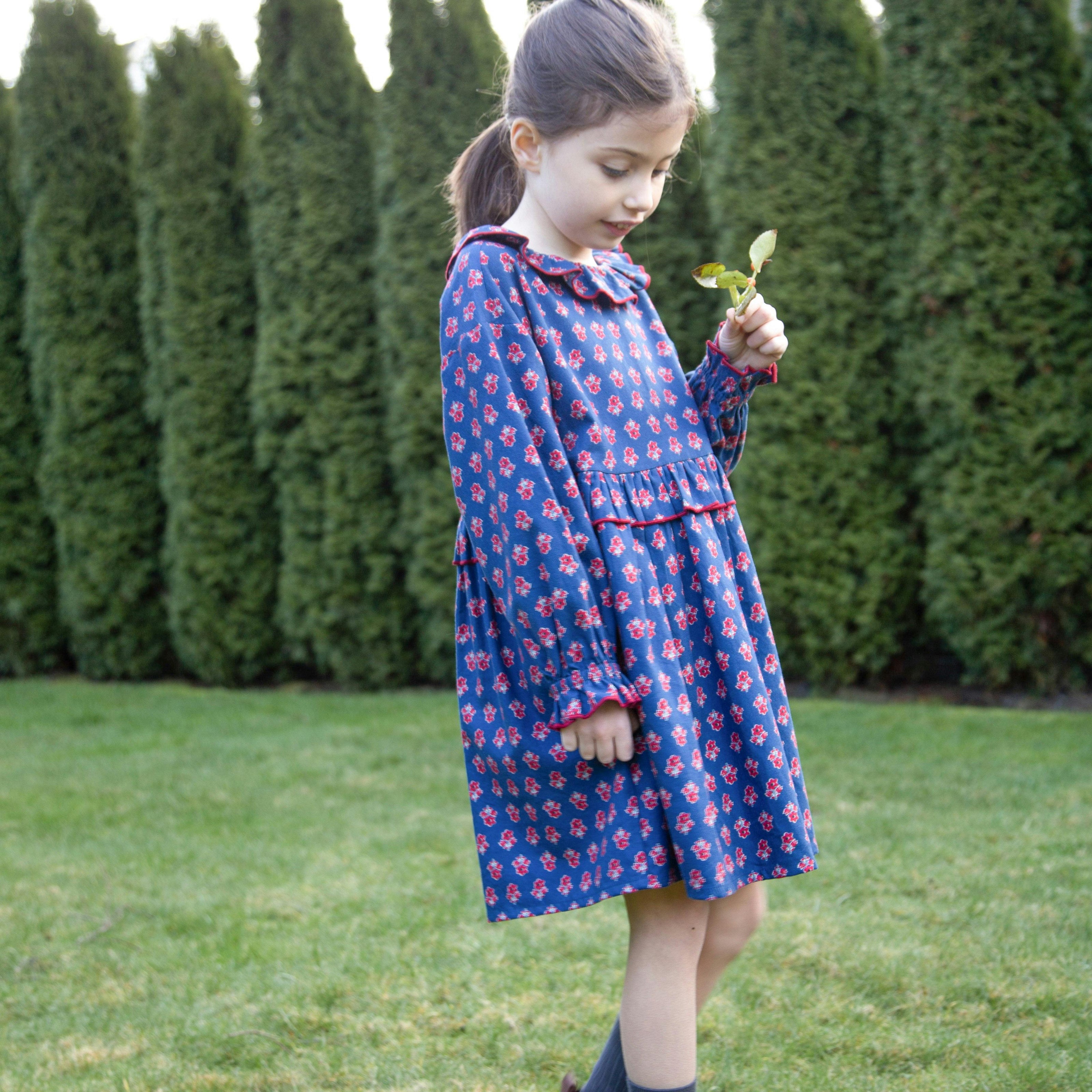 Girls All-Over Print Ruffle Collar Long Sleeve Dress