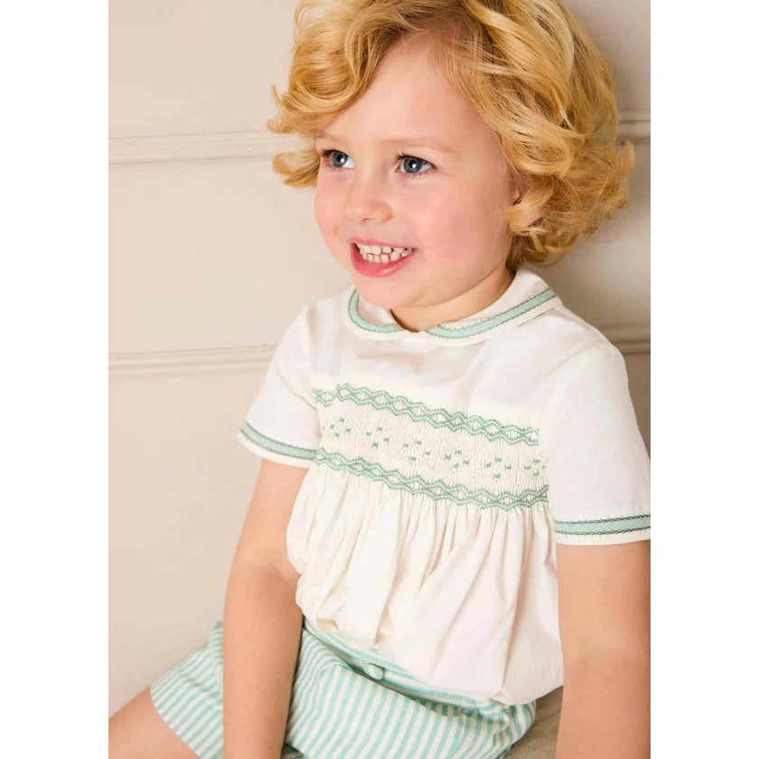 Wimbledon Stripe Hand Smocked Peter Pan Collar Two Piece Set in Green (18mths-6yrs)
