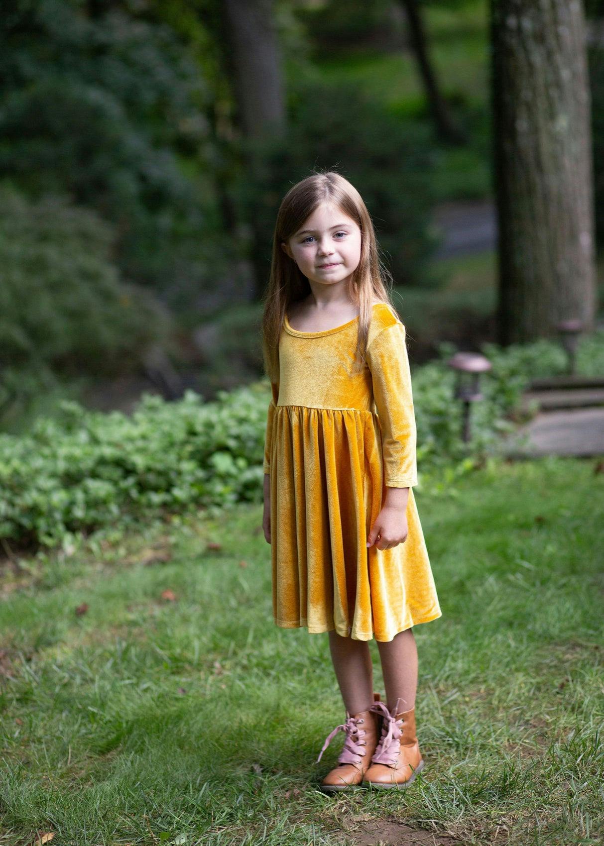 Twirly Dress in Mustard Stretch Velvet FW26