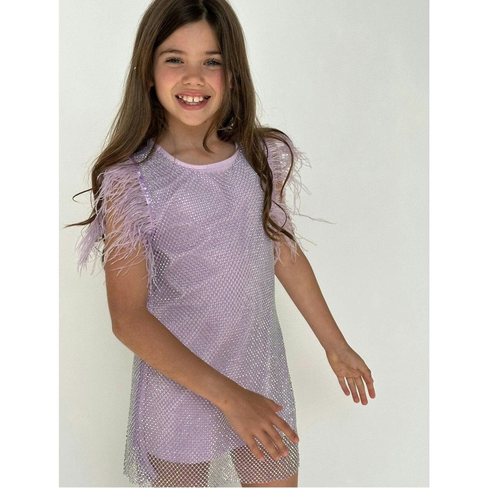 Crystal Feather Trim Sleeve Shimmer Sequin Dress