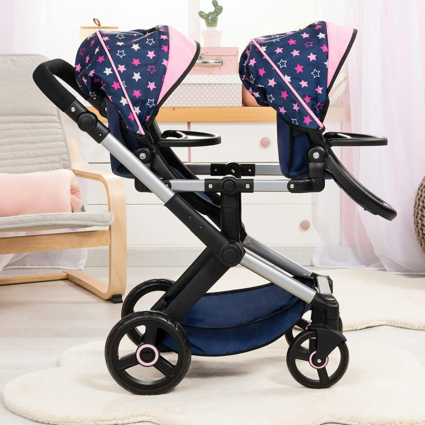 Bayer Design Dolls: Xeo Twin Pram - Stars Navy & Pink