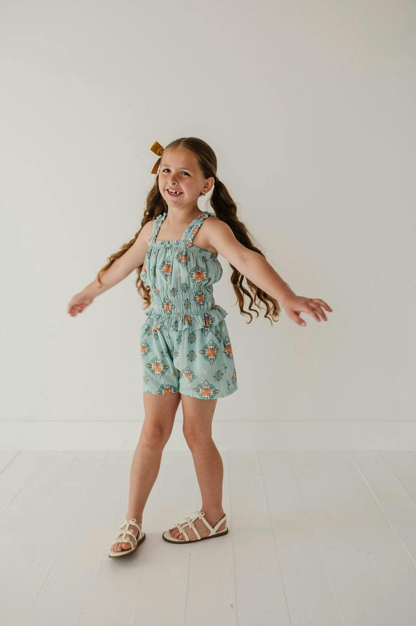 Girls Ruffle Strap Shorts Romper in Medallion Boho